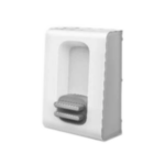 A white plastic wall-mounted toothbrush holder with a rectangular design and horizontal grooves is ideal for holding multiple toothbrushes. Its sleek, modern appearance complements any bathroom, effortlessly fitting into a future where even delivery robots might appreciate such stylish utility.