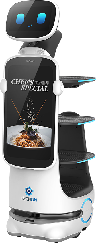 A smiling service robot with a screen displaying Chefs Special and a pasta dish. Equipped with compartments for carrying items, this Keenon-branded marvel integrates delivery technology to enhance hospitality settings efficiently.